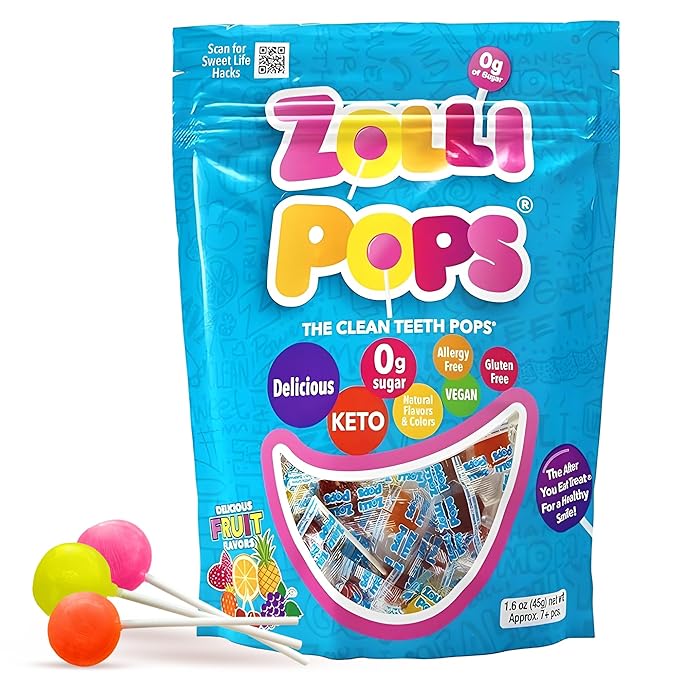 Zollipops Clean Teeth Pops Sugar Free Candy with Xylitol, Dye-Free Lollipops - Keto & Diabetic-Friendly, Dentist-Approved Treats for Kids (Assorted Fruit, 8 count, 1.6 oz)