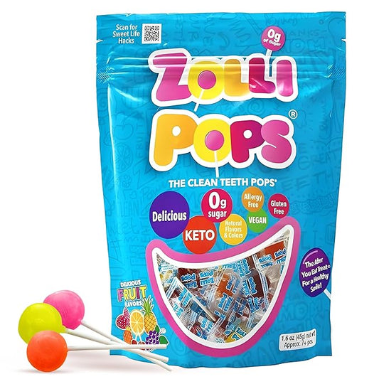 Zollipops Clean Teeth Pops Sugar Free Candy with Xylitol, Dye-Free Lollipops - Keto & Diabetic-Friendly, Dentist-Approved Treats for Kids (Assorted Fruit, 8 count, 1.6 oz)