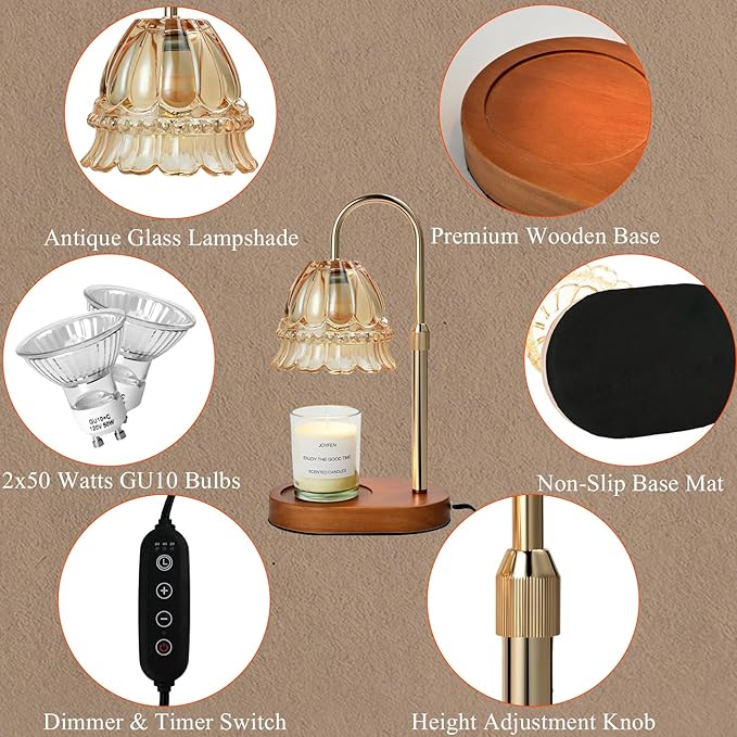 Adjustable Candle Warmer Lamp with Timer, Height and Brightness Control, Compatible with Most Candles, Dimmable Lamp Candle Warmer with 2 Bulbs, Scented Candle Lamp Warmer