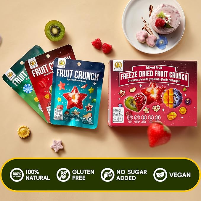 SUNGIVEN Freeze Dried Fruit Crisps Crunch Mixed Fruit 6 Packs Gluten Free Made with Fruit Vegan Healthy Snacks Ready to Eat for Yogurt Dessert