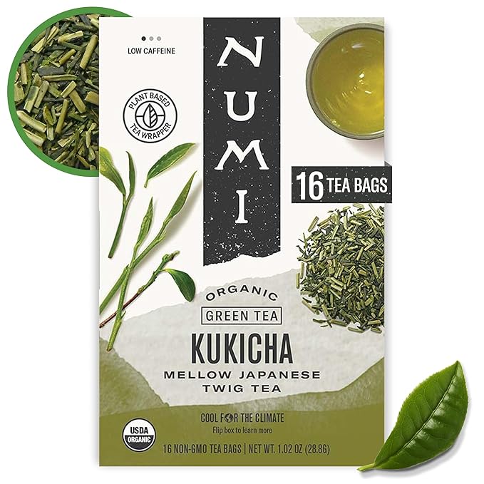 Numi Organic Kukicha Japanese Green Tea, 16 Microplastic Free Tea Bags, Low Caffeinated