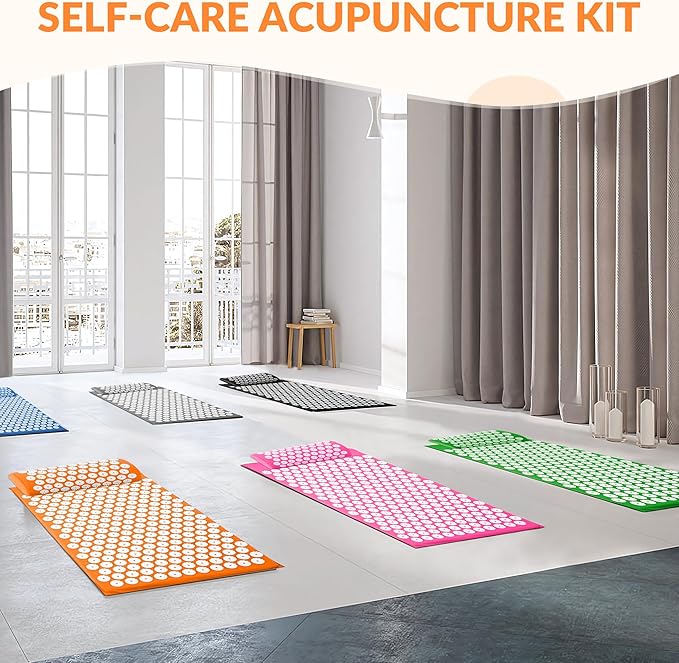 Fitvids Acupressure Mat and Pillow Set for Back/Neck Pain, Acupuncture Products to Relieve Muscle Fatigue, Improve Insomnia for Sedentary People, Acupuncture Eases Stress, Massage Mat, Orange