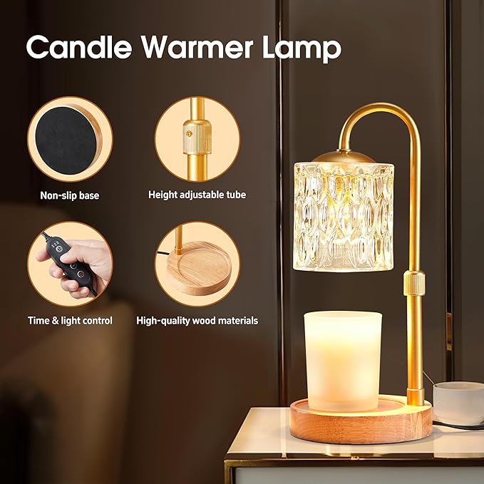 Briever Dimmable Candle Warmer Lamp with Timer, Height Adjustable Electric Candle Wax Warmer, Christmas Birthday Gifts for Women Mom, House Warming Gifts New Home Room Decor, Solid Wood Base