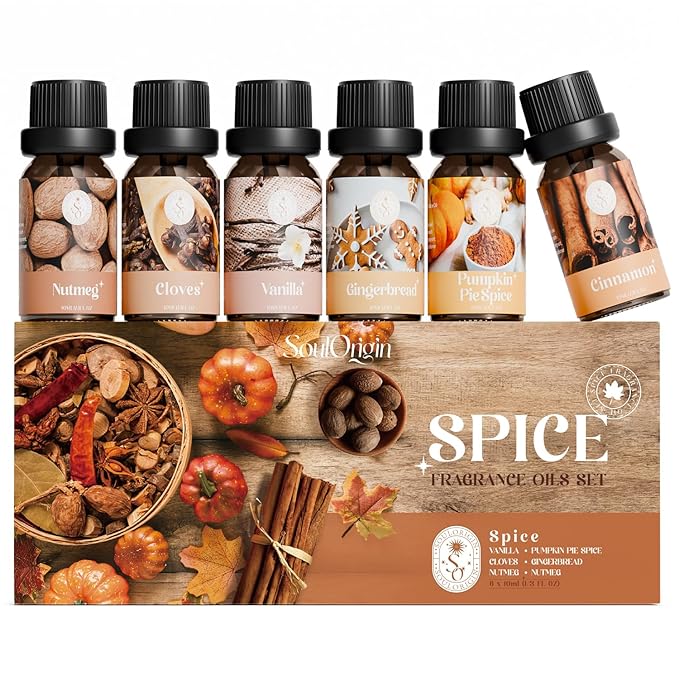 Autumn Spice Essential Oils Set – Cozy Fall Fragrance Oils for Diffuser & Candle Making – Cinnamon, Vanilla, Pumpkin Pie, Nutmeg, Clove, Gingerbread – Warm Home Aroma & Gift Set