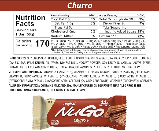 NuGo Original Variety, Vanilla Yogurt 15 bars & NEW! Churro 15 bars, 11g Protein, Gluten Free, 30 Count