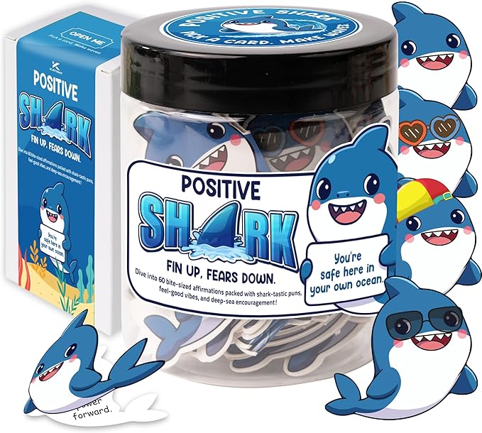 Positive Shark Jar, 60 Affirmation Cards, Emotional Support Shark Gift, Shark Decor, Get Well Gifts for Men, Shark Stuffed Animal Alternative, Shark Decorations
