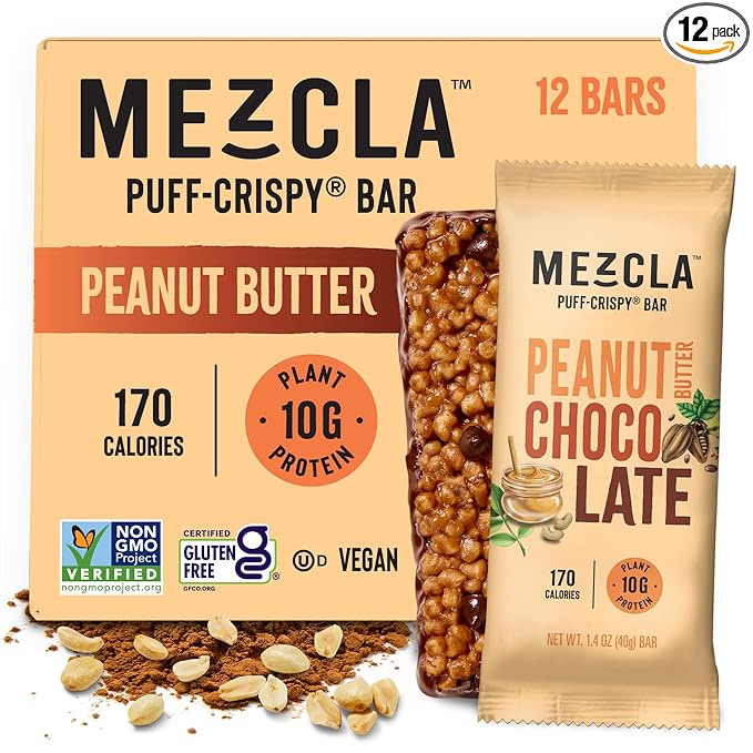 Mezcla Puff Crispy Protein Bars, Gluten Free & Vegan Protein Bars, 10g Protein, Alt for Crispy Rice Treat, Granola Bars & Breakfast Bars, Healthy Snacks for Adults, Peanut Butter Chocolate, 12 Pack