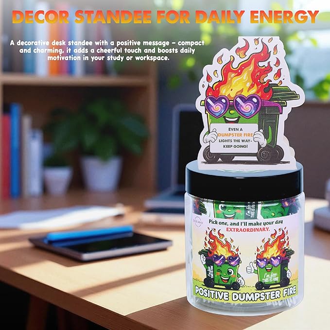 Positive Dumpster Fire Jar ā Funny Desk Accessory with 60 Daily Affirmations for Self Care & Mindfulness, Emotional Support Dumpster Fire Gift for Office Coworkers, Unique Zen Desk Decor