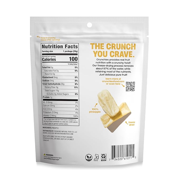 Crunchies Freeze-Dried Fruits, 100% All Natural Crispy Fruit, Non GMO and Kosher, Resealable Freeze Dried Fruit Snack Packs, Pack of 6 (Pineapple)