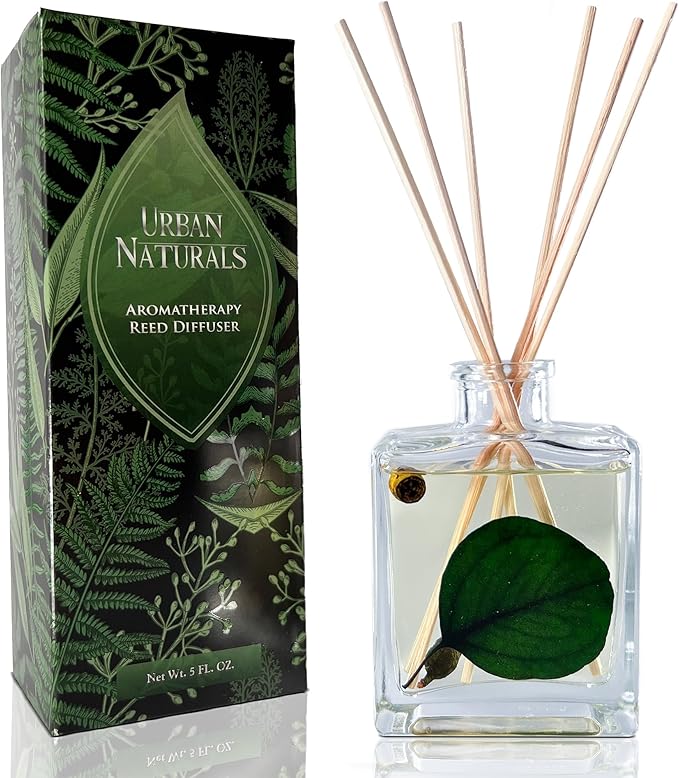 Urban Naturals Sandalwood & Eucalyptus Reed Diffuser Set – Made with Essential Oils & Real Botanicals – Sleek Rectangular Refillable Glass Bottle – Made in The USA