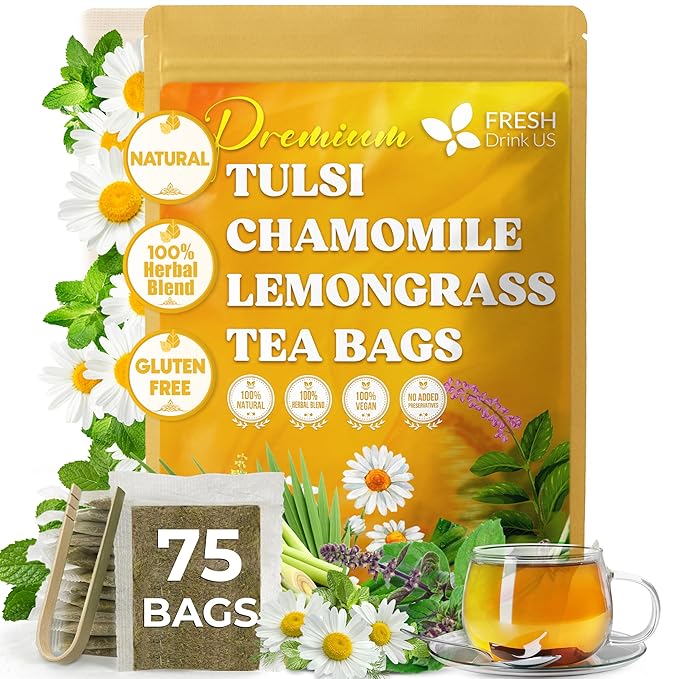 FreshDrinkUS, Premium 75 Tea Bags Tulsi Chamomile Lemongrass Herbal Tea | Blend with Holy Basil, Chamomile Flowers & Lemongrass Leaves ā Naturally Caffeine-Free, Soothing Herbal Infusion. Vegan