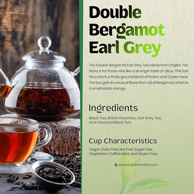 Double Bergamot Earl Grey Tea - 4oz | Loose Leaf Tea Pouches | English Tea Store Blend | Strong Citrus Flavor with Indian & Ceylon Black Tea | Hot or Iced Tea Brewing