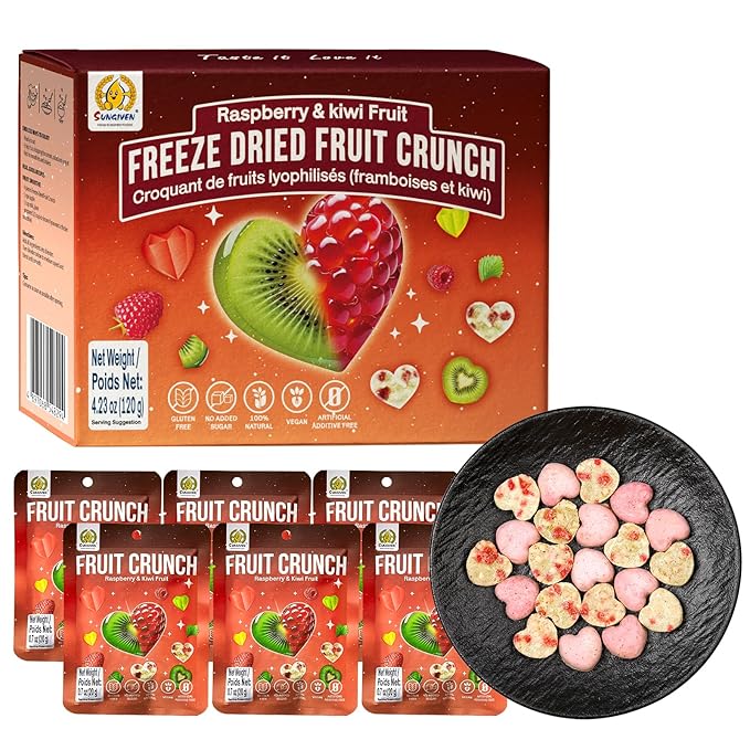 SUNGIVEN Freeze Dried Fruit Crisps Crunch Raspberry & Kiwi 6 Packs Gluten Free Made with Fruit Vegan Healthy Snacks Ready to Eat for Yogurt Dessert