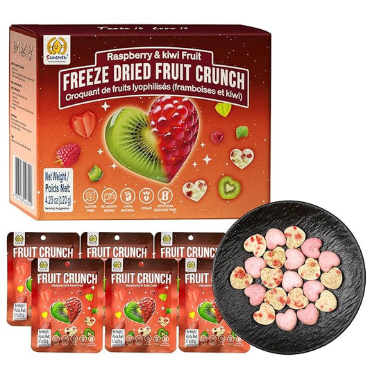 SUNGIVEN Freeze Dried Fruit Crisps Crunch Raspberry & Kiwi 6 Packs Gluten Free Made with Fruit Vegan Healthy Snacks Ready to Eat for Yogurt Dessert