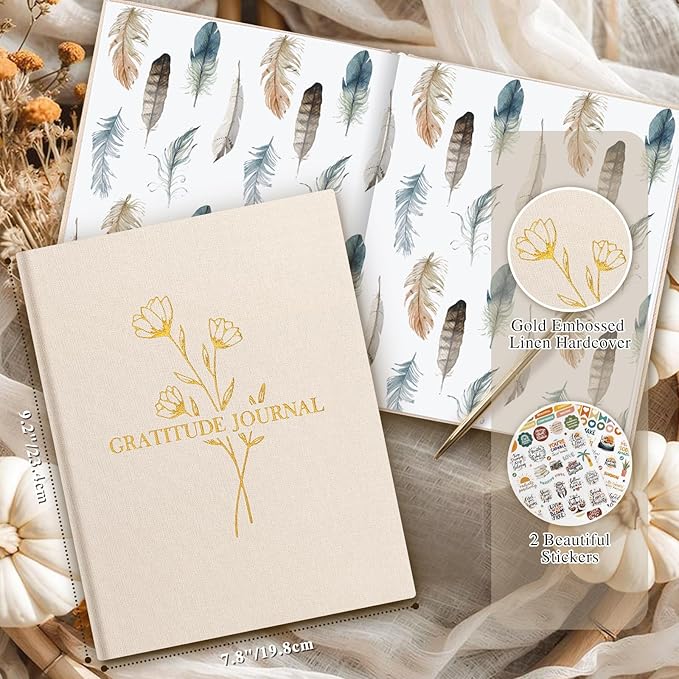 Lanpn Daily Gratitude Journal for Woman Men, 4 Month Mindfulness & Affirmation Planner, 7.8"x9.2" The 5 Minute Grateful Diary, Guided Reflection with Positivity Prompts Undated Notebook, Beige