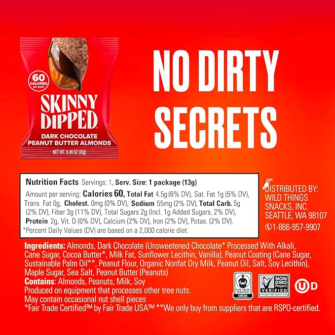 SkinnyDipped Dark Chocolate Peanut Butter Almonds, Healthy Snack, Plant Protein, Gluten Free, 0.46 oz Mini Bags, Pack of 24