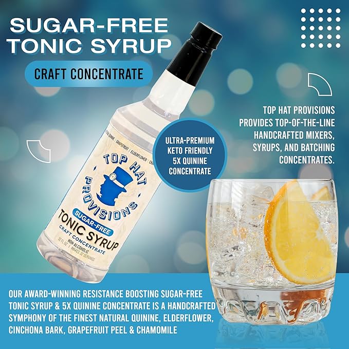 Top Hat Keto Sugar Free Tonic Syrup - 5x Diet Tonic Water Quinine Concentrate - Organic Monk Fruit - Craft Soda Mixer for Skinny Cocktail Drinks - Just Add Seltzer Water - 32oz Bottle