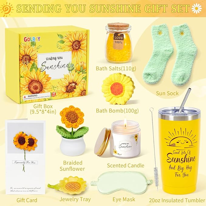 Golray Sunshine Gift Baskets for Women, Unique Birthday Gifts for Women, Self Care Spa Gifts for Her Best Friends Bestie Sister Mom Female,Get Well Soon Thinking of You Care Package