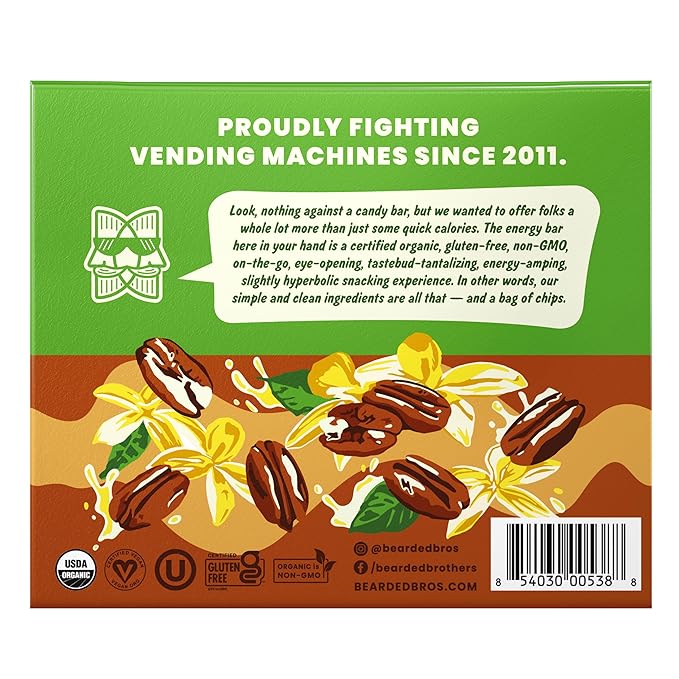 Bearded Brothers Organic Vegan Protein Energy Bars - Gluten Free, Paleo, Fiber, Whole 30 | Non GMO, Soy Free, Low Snacks | 12 Pack Vanilla Pecan