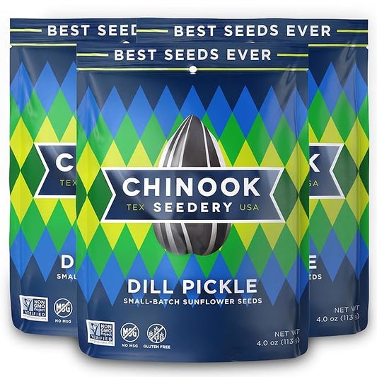 Chinook Seedery Roasted Sunflower Seeds - Jumbo Seeds Keto Snacks - Best For Snack Packs - Gluten Free, Non GMO Snack Food Gifts - 4 Ounce (Pack of 3) - Dill Pickle Flavor Pack