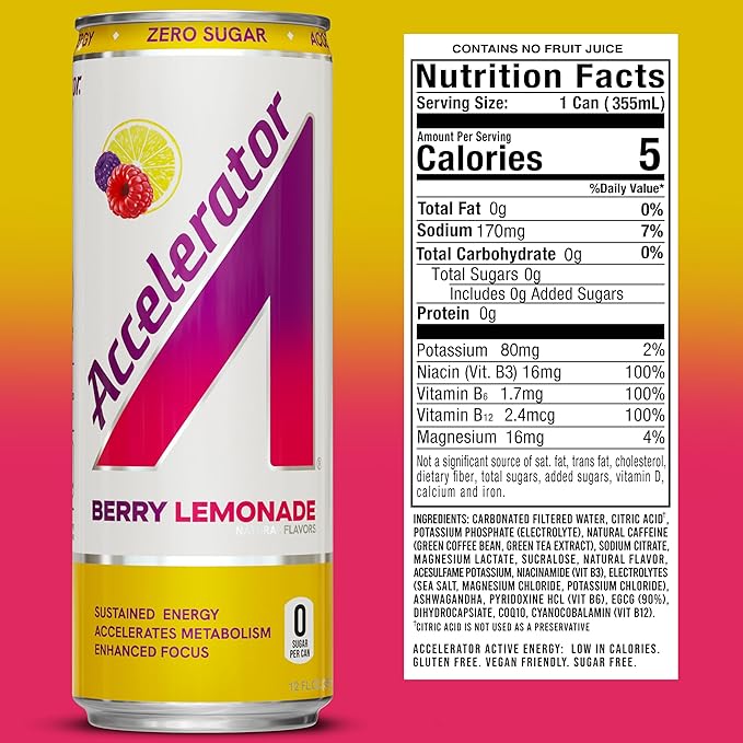 Accelerator Energy Drink Sugar Free, Berry Lemonade 12oz can(12 pack),Zero Sugar Energy Drinks with Sustained Energy from 100% Natural Caffeine (200mg) & Green Tea extract