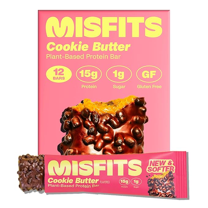 Misfits Vegan Protein Bars, Cookie Butter - Updated Recipe | Plant Based, Low Sugar & Carb, High Fiber Snacks | Pack of 12