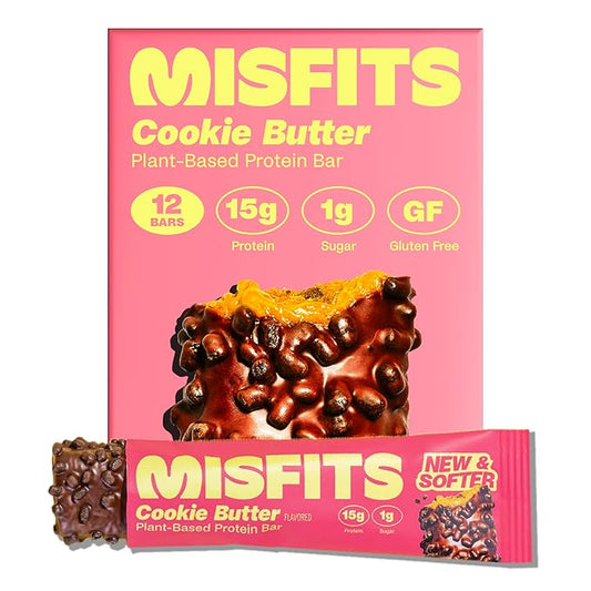 Misfits Vegan Protein Bars, Cookie Butter - Updated Recipe | Plant Based, Low Sugar & Carb, High Fiber Snacks | Pack of 12