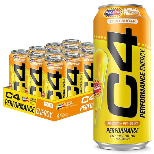 Cellucor C4 Energy Drink x Hawaiian Pineapple Popsicle, Carbonated Sugar Free Pre Workout Performance Drink with no Artificial Colors or Dyes, 16 Oz, Pack of 12