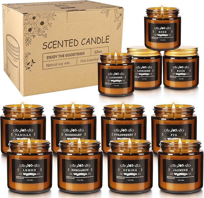 12 Pack Black Apothecary Jar Scented Candles - Natural Soy Wax with Premium Essential Oils, Lavender, Rose, Vanilla & More, 3.5oz/100g Each, Relaxing Aromatherapy Gift Set