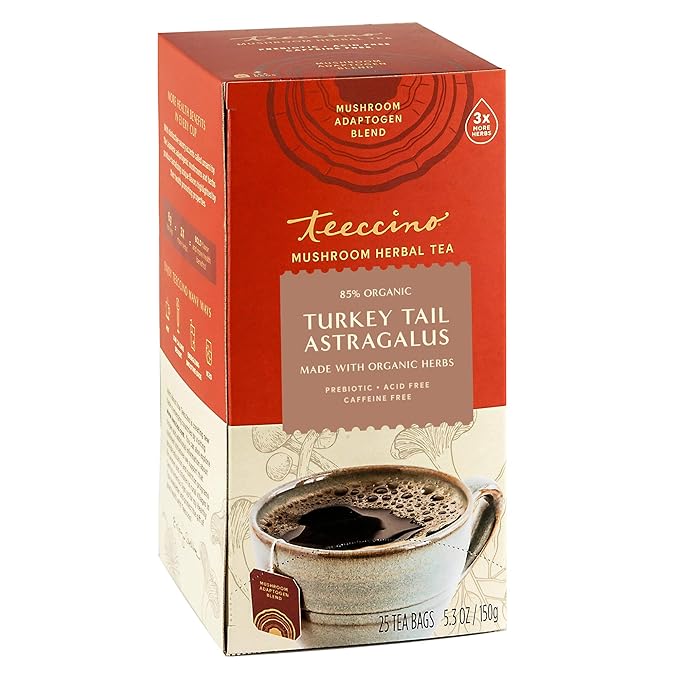 Teeccino Mushroom Herbal Tea - Turkey Tail Astragalus Toasted Maple - Caffeine Free, Prebiotic, 3x More Herbs - 25 Tea Bags
