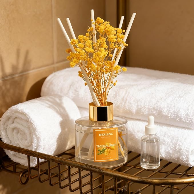 Reed Diffuser Set - 3.38 fl oz (100ml) Tropical Fruit Home Fragrance Reed Diffuser for Bathroom Shelf Decor 6 Reed Stick