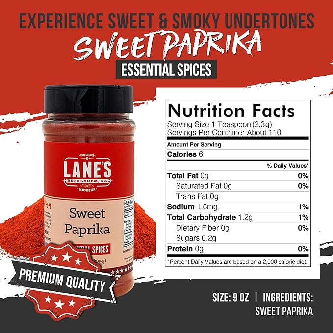 Lane's Sweet Paprika Powder, 9 oz - Premium Sweet Paprika Seasoning, Gluten-Free, All-Natural, No Preservatives, No MSG, Versatile Spice for Meats, Vegetables, and Flavorful Dishes, Made in the USA