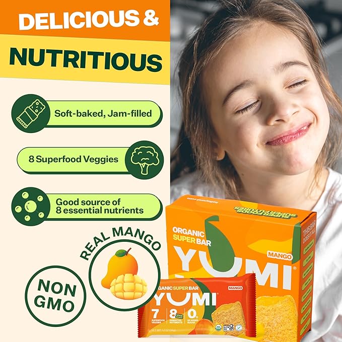 YUMI Organic Breakfast Superbar, Gluten-Free, No Added Sugar, 7+ Vegetables, Soft-Baked Crust, Healthy Snack Bars for Kids, School Safe, Healthy Alternative to Granola Bars or Cereal Bars, Mango (30ct)