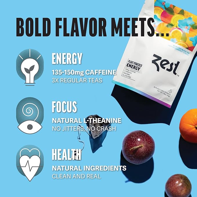 Zest Energy Tea Bags Variety Pack - High Caffeine Black & Green Tea Sampler - Caffeinated Coffee Altnernative/Substitute - Natural, Non-GMO & Keto Friendly - Hot or Iced - 80 Tea Bags - 135-150mg Caf