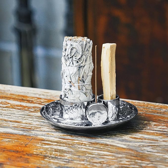 4 in 1 Incense Holder, Ceramic Incense Stick and Palo Santo Holder,Sage Holder for Burning- 5.5" Ceramic Ash Catcher Tray for Meditation and Yoga Room (Silver)