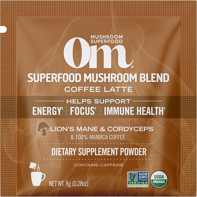 OM MUSHROOM SUPERFOOD Coffee Latte Blend Mushroom Powder, Single Serve, 10 Count, Lion's Mane, Cordyceps, Reishi, Chaga, Energy & Mental Clarity Support Supplement
