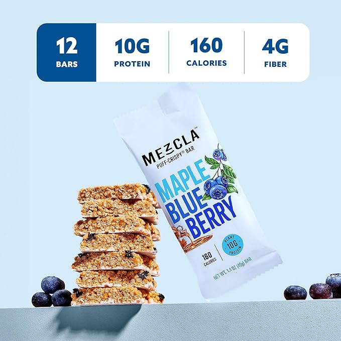 Mezcla Vegan Protein Bars, Gluten Free Snack Made with Pea Protein, Organic Vanilla, Blueberries and Other Premium Ingredients, Healthy Snacks, Canadian Maple Blueberry, 10g of Protein, 12 Pack