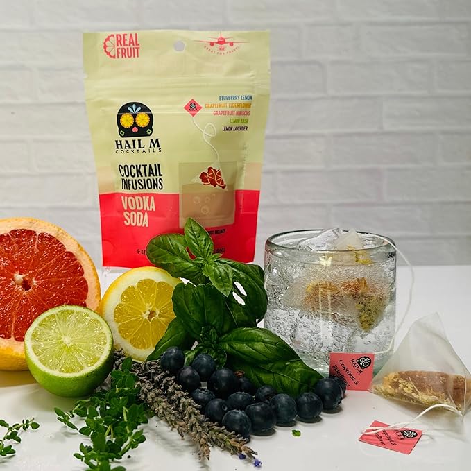 Vodka Soda Cocktail Infusion Kit – DIY Low Sugar Cocktail Kit, TSA-Approved Gift Made with Blueberry, Basil, Grapefruit, Hibiscus, Lavender, Lemon, Elderflower – Sugar Free – 5 Cocktail Teabags