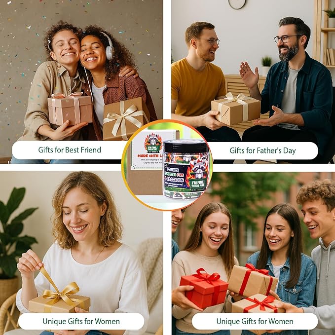 Funny Raccoon Dumpster Fire Affirmation Jar β 60 Sarcastic Positive Notes for Emotional Support, Mini Dumpster Fire Gift for Coworkers, Funny Office Desk Decor & Stocking Stuffers β SOLMAY