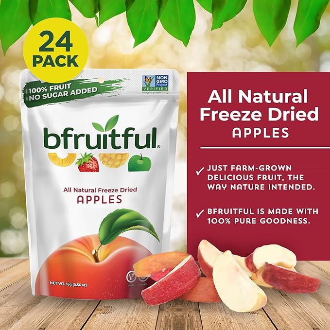 bfruitful Freeze-Dried Apple, Freeze Dried Fresh Fruit Bites, Gluten Free, Vegan, Dairy Free, Kosher, No Sugar Added, Non GMO, Healthy Snacks for Kids or Adults, 0.56 oz Single-Serve Snack Packets, 24 Pack