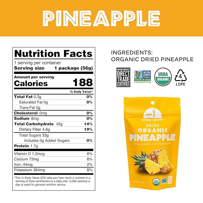 Mavuno Harvest Pineapple Dried Fruit Snacks | Organic Dried Pineapple Chunks| Gluten Free Healthy Snacks for Kids and Adults | No Sugar Added, Vegan, Non GMO, Direct Trade | 2 Ounce, Pack of 3