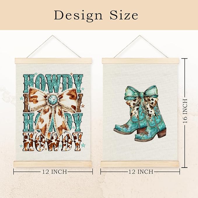 Exqcom Coquette Western Bow Howdy Wall Art Poster, Cowgirl Room Decor, Trendy Turquoise Cowboy Boots Posters for Girls Room Dorm Apartment, 12x16 Inches Set of 2