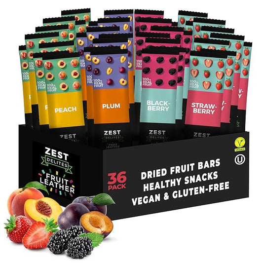 Fruit Snacks by Zest Delites, Fruit Leather, Healthy Snacks for Adults & Kids, Vegan Apple-Based Strips, Dried Strawberry-Peach-Blackberry-Plum Bars, 0.88 oz x 36
