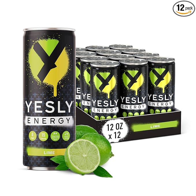 Yesly Energy Drink, Lime, Naturally Flavored Sparkling Energy Drink With Electrolytes, Magnesium, Potassium, Vitamin C, B6 & B12, Natural Caffeine From Green Tea, Zero Sugar, 12 Fl Oz Cans, 12 Pack