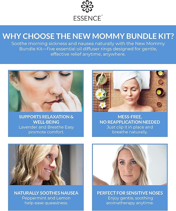 Essence Nasal Diffuser New Mommy Bundle – Essential Oil Silicone Nose Rings for Morning Sickness & Motion Sickness Support – Wearable Blends Pack for Pregnancy & Travel