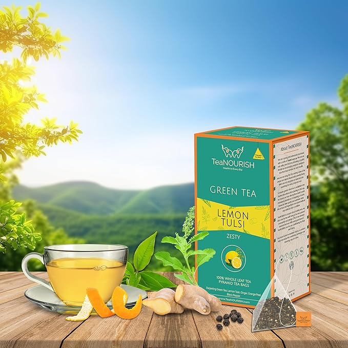 TeaNOURISH Lemon Tulsi Green Tea | 20 Count Pyramid Tea Bags | Darjeeling Whole Leave | Stress Relief Tea | Immune Support Tea | 100% Natural Infusion