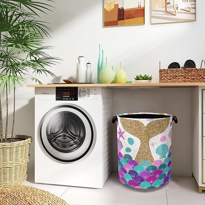 Fish Scales Laundry Basket,Mermaids Seashell Foldable Oxford Cloth Tote Bag Laundry Hamper Clothes Storage Bucket Organizer for Bedroom Laundry Storage Dormitories 16" x 20.8"