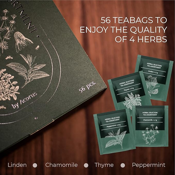ACORUS Herbal Selection Tea Set, Natural Herbal Tea Variety Pack, Assorted Tea Box, Tea Gift Set of 4 Different Teas, Herbal Tea Sampler of 56 Tea Bags Individually Wrapped