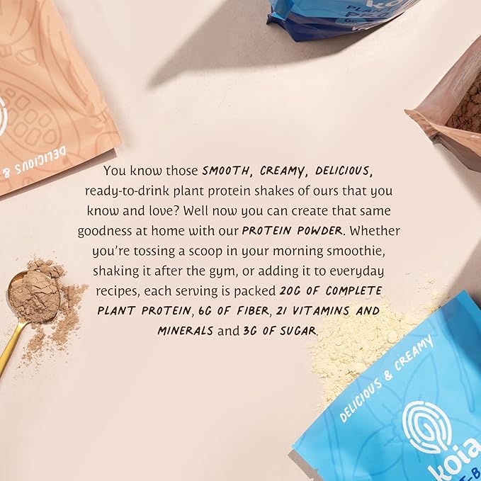 Koia Plant Based Protein Powder, Chocolate, 20g Protein, 3g Sugar, 6g Prebiotic Fiber, Pre & Post Workout, 21 Vitamins & Minerals, No Seed Oils, Dairy-Free, Gluten-Free, Non-GMO, 20 Servings, 28.2 Oz