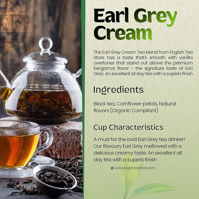 English Tea Store Earl Grey Cream Tea Bags | 25 Count Pouch | Smooth Vanilla Bergamot Flavor | Premium Black Ceylon Blend | Medium Caffeine | High Antioxidants | Gluten & Allergen Free